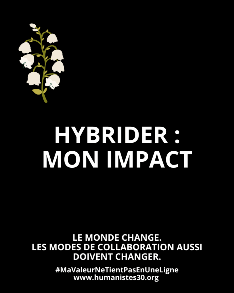 Texte sur fond noir avec un texte en majuscules blanches et un brin de muguet pour le 1er mai. Le texte est : "Hybrider : mon impact" En dessous, en plus petit : "1er mai. Le monde change. Les modes de collaboration aussi doivent changer." Puis encore en dessous : le hashtag #mavaleurnetientpasenuneligne et l'adresse du site www.humanistes.org